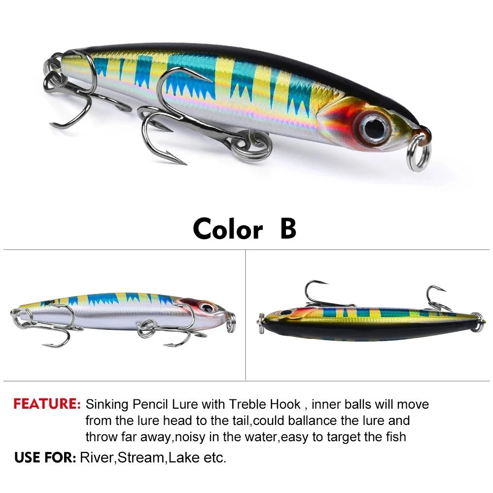 1PC Slow Sinking Pencil Fishing Lure 3.5g 5g 8g bait Noisy in the water Saltwater Sea Bass Lures Hard Bait Minnow Fishing Tackle
