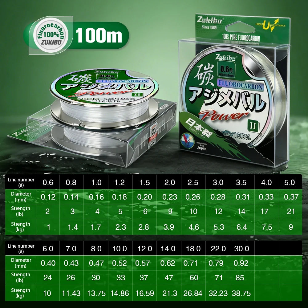 ZUKIBO Ⅱ Soft Carbon Line 50/100M 100% Pure Fluorocarbon Fishing Line Japan Carbon Fiber Line 1-38kg Monofilament Sinking Line