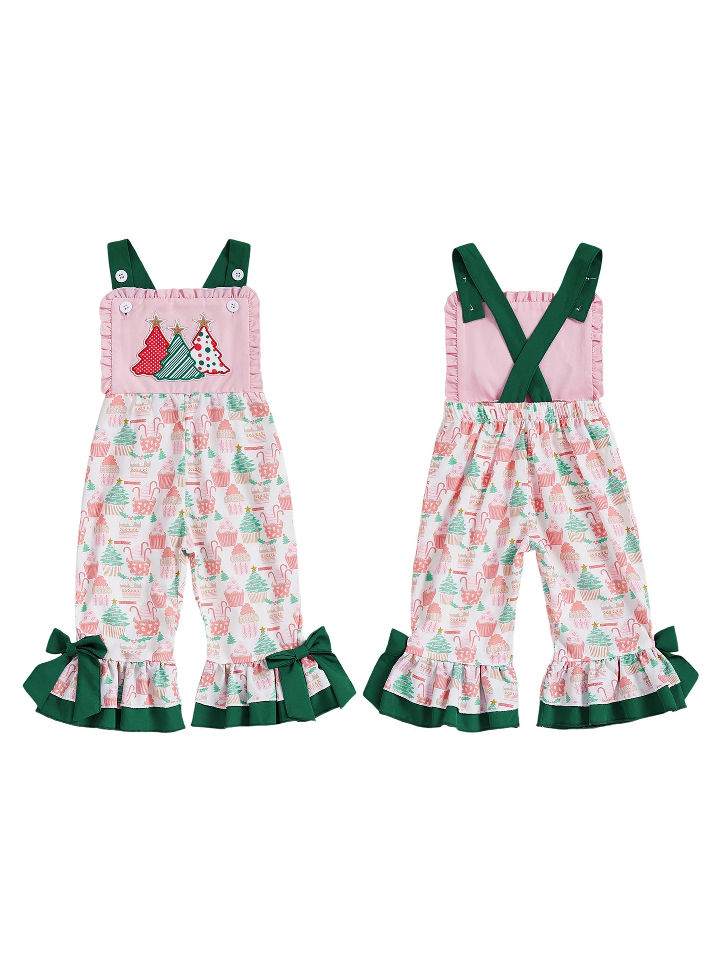 Toddler Girls Winter Snowflake Print Sleeveless Jumpsuit Overalls Christmas Tree Embroidery Suspender Pants for Kids Baby Girl