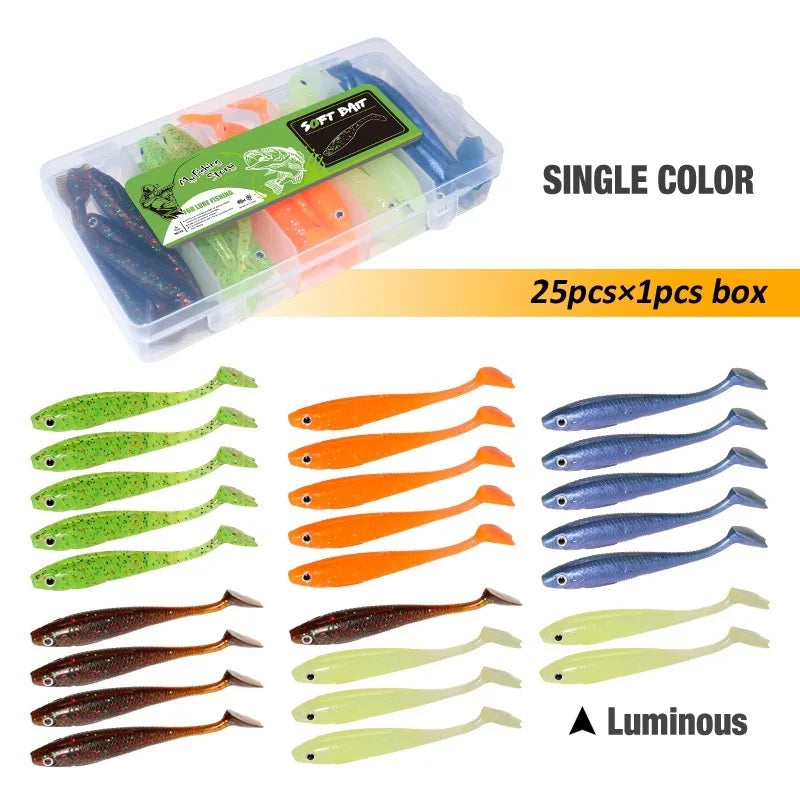 Fishing Lures Set 25Pcs 95mm Soft Fish fake Swimbait for Trolling Wobbler Silicone Bait Kit Sea Fishing Predator Lure with Box