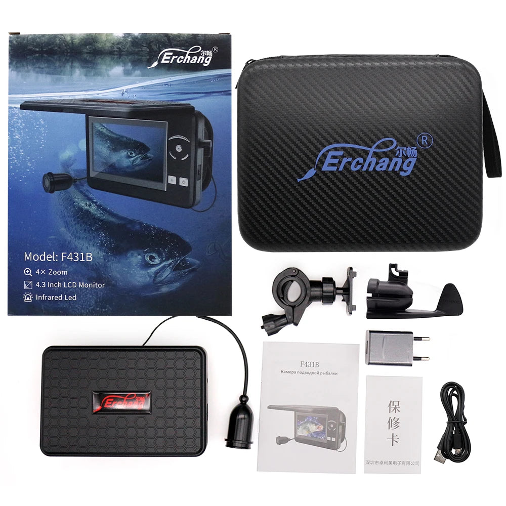 Erchang Fish Finder Underwater Fishing Camera 4 Digital Zoom Fish Finder IP68 Waterproof 4.3 inch 1000TVL Ice Fishing Camera