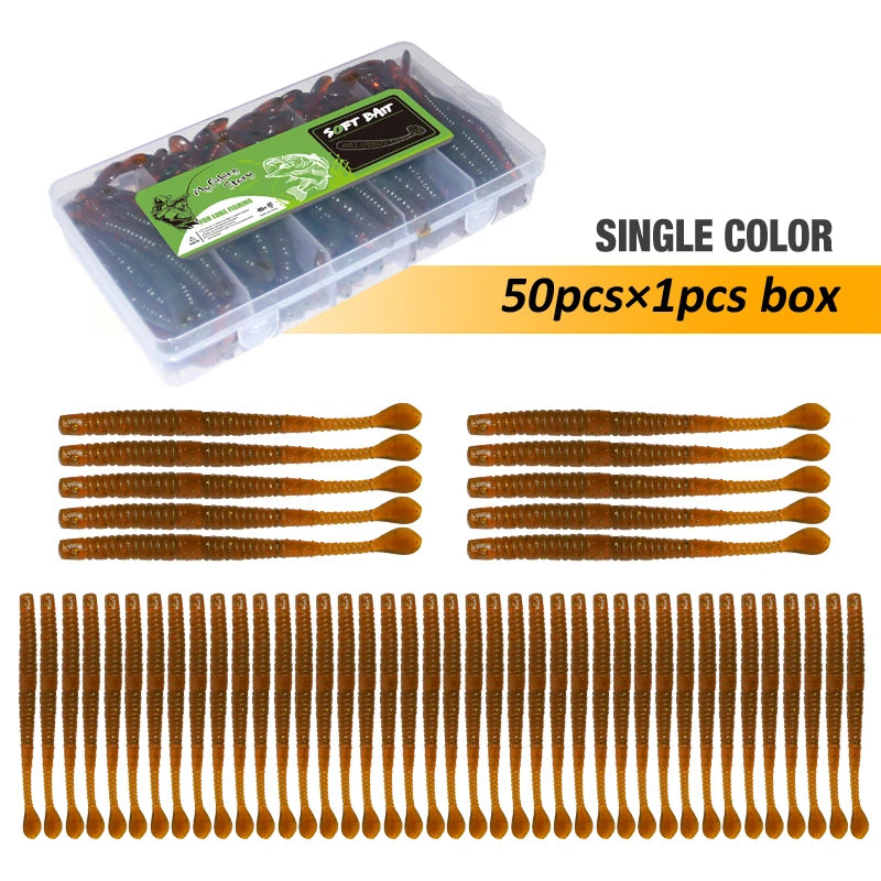 Fishing Lures 50pcs Floating Slug Lure Sinking Earthworm Soft Artificial Silicone Bait Kit Sea Wobbler Worm False Bait With Box