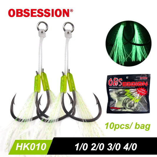 OBSESSION 1/0 2/0 3/0 4/0 Luminous Feather Smooth Hook Slow Jigging High Carbon Steel Sea-bream Fishing Hooks Kit Accessories