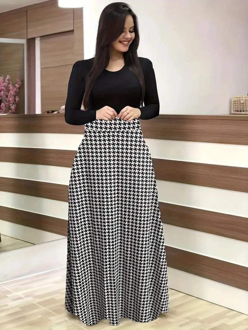 New flower print color blocked long sleeved dress for 2025