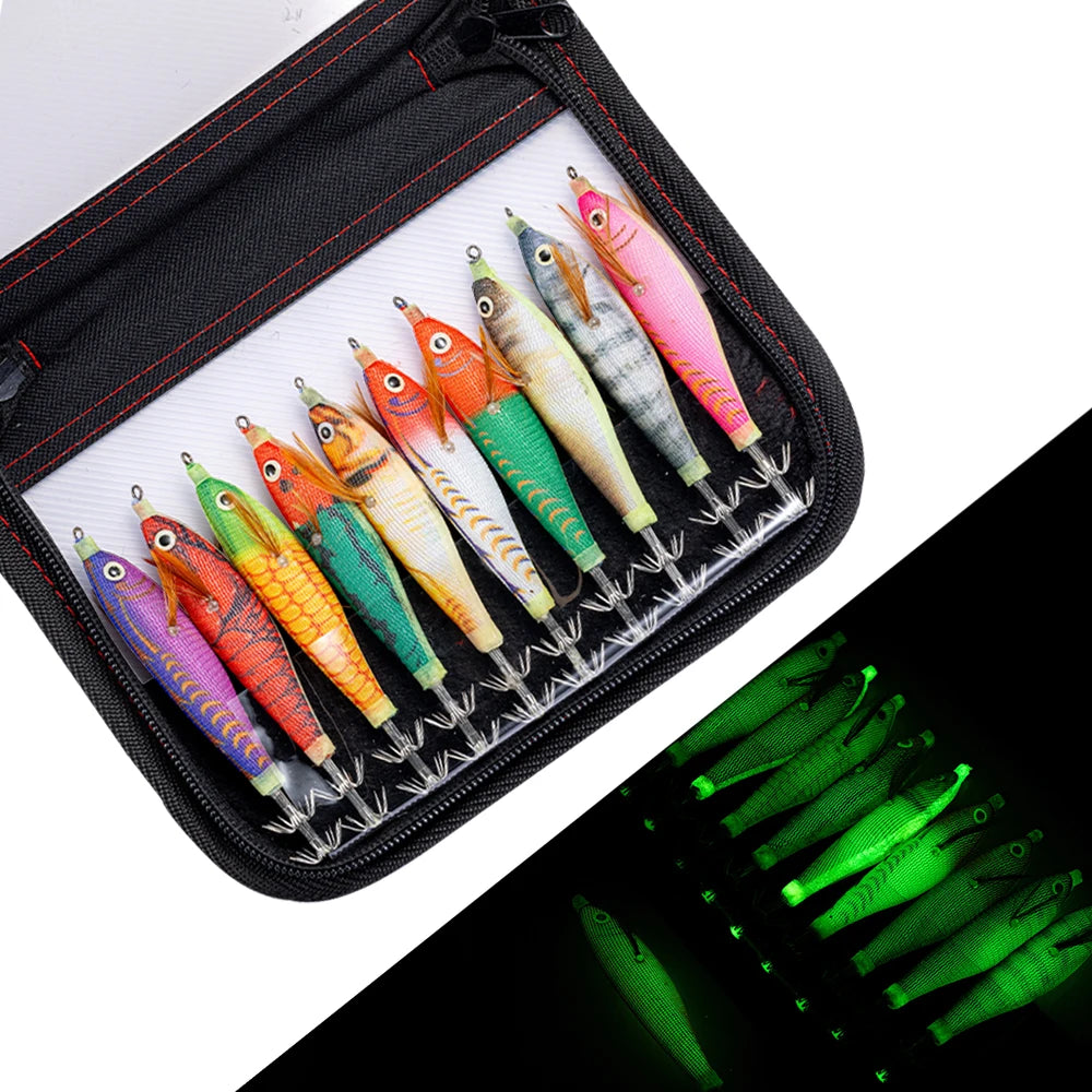 10pcs/Set  Luminous Horizontal Squid Jig Wood Shrimp Squid Sharp Hook Lures Octopus Cuttlefish Shrimp Saltwater Baits