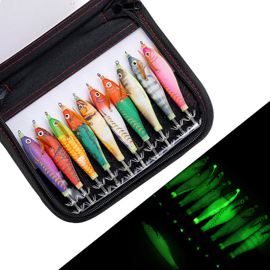 10pcs/Set  Luminous Horizontal Squid Jig Wood Shrimp Squid Sharp Hook Lures Octopus Cuttlefish Shrimp Saltwater Baits