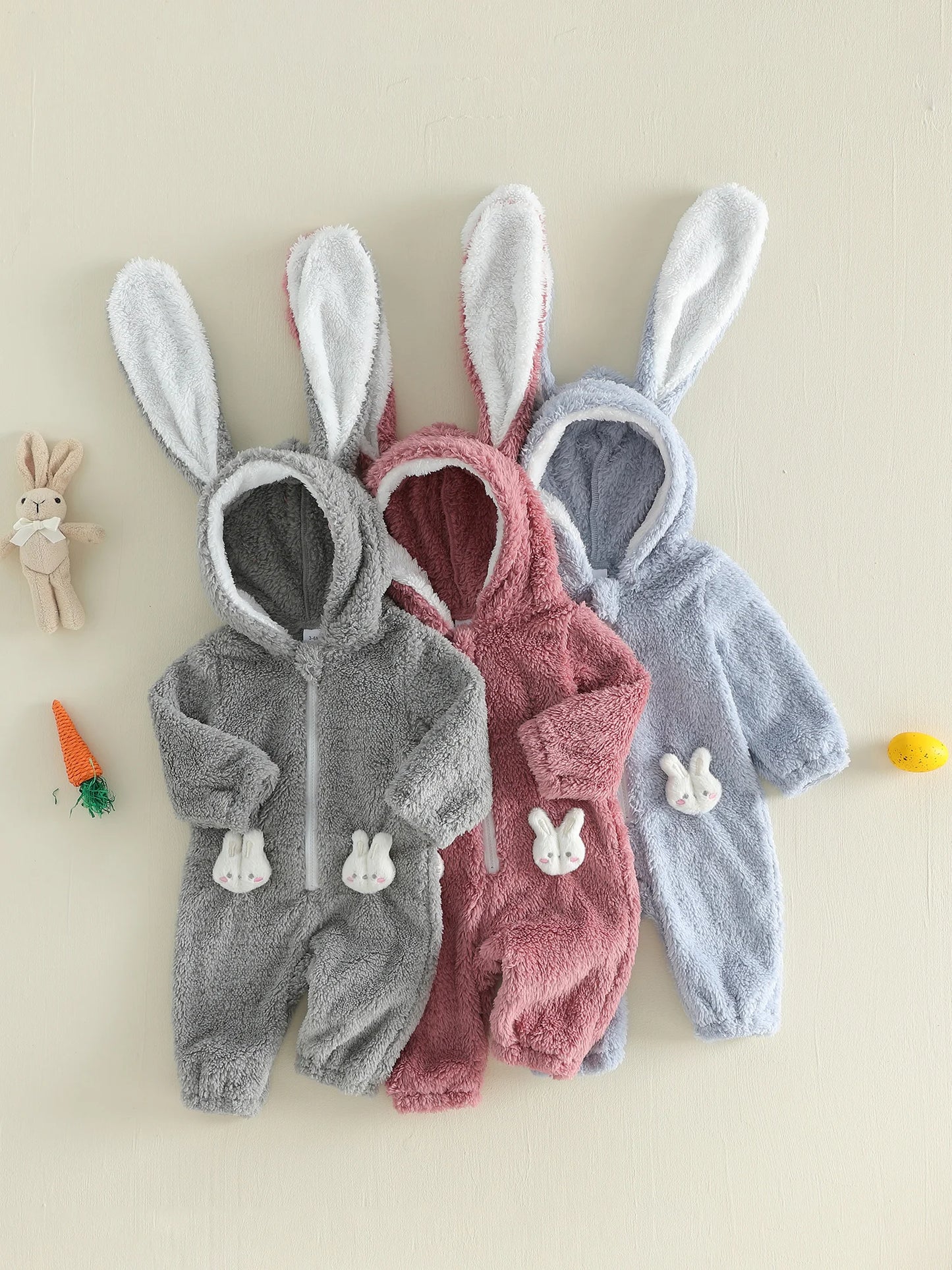 Adorable Baby Bunny Hooded Romper with Long Sleeves and Zipper Closure for Easter Spring Outfit for Girls and Boys