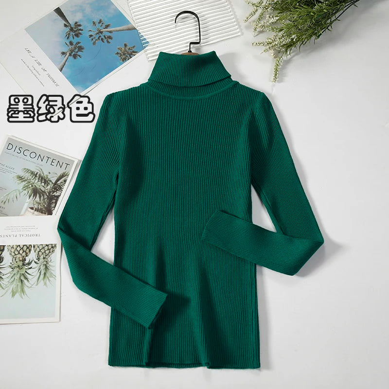 2026 Simple Women Turtleneck Sweater Winter Fashion Pullover Elastic Knit Ladies Jumper Casual Solid Black Female Basic Tops