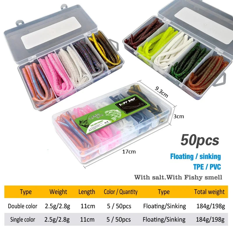 Fishing Lures 50pcs Floating Slug Lure Sinking Earthworm Soft Artificial Silicone Bait Kit Sea Wobbler Worm False Bait With Box