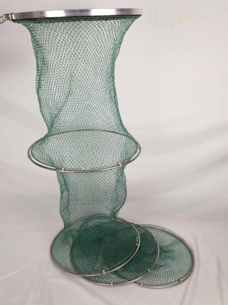 Hand-woven Fish Basket Nylon Line Stainless Steel Rings Fishing Net Bag Foldable Anti-hanging And Quick-drying Fish Cages