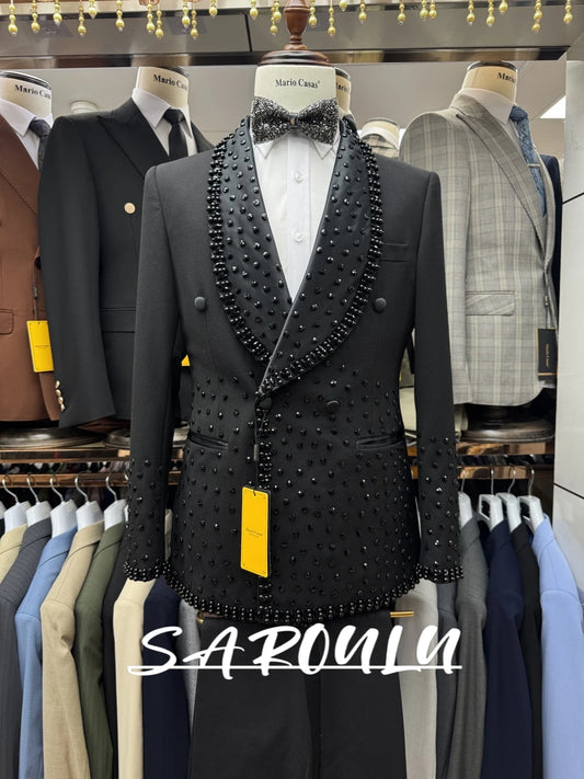 Black Beaded Tuxedo For Man, Decent 2-pieces Suit Set, Shawl Lapel, Dainty Blazer With Matching Pants, Fast Shipping Groom Wear