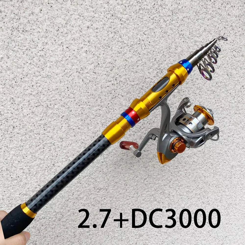 Fishing Rod and Reel Set 1.8-3.6m Carbon Telescopic Fishing Rod Pole with Metal Spool Spinning Reel Saltwater Freshwater Kits