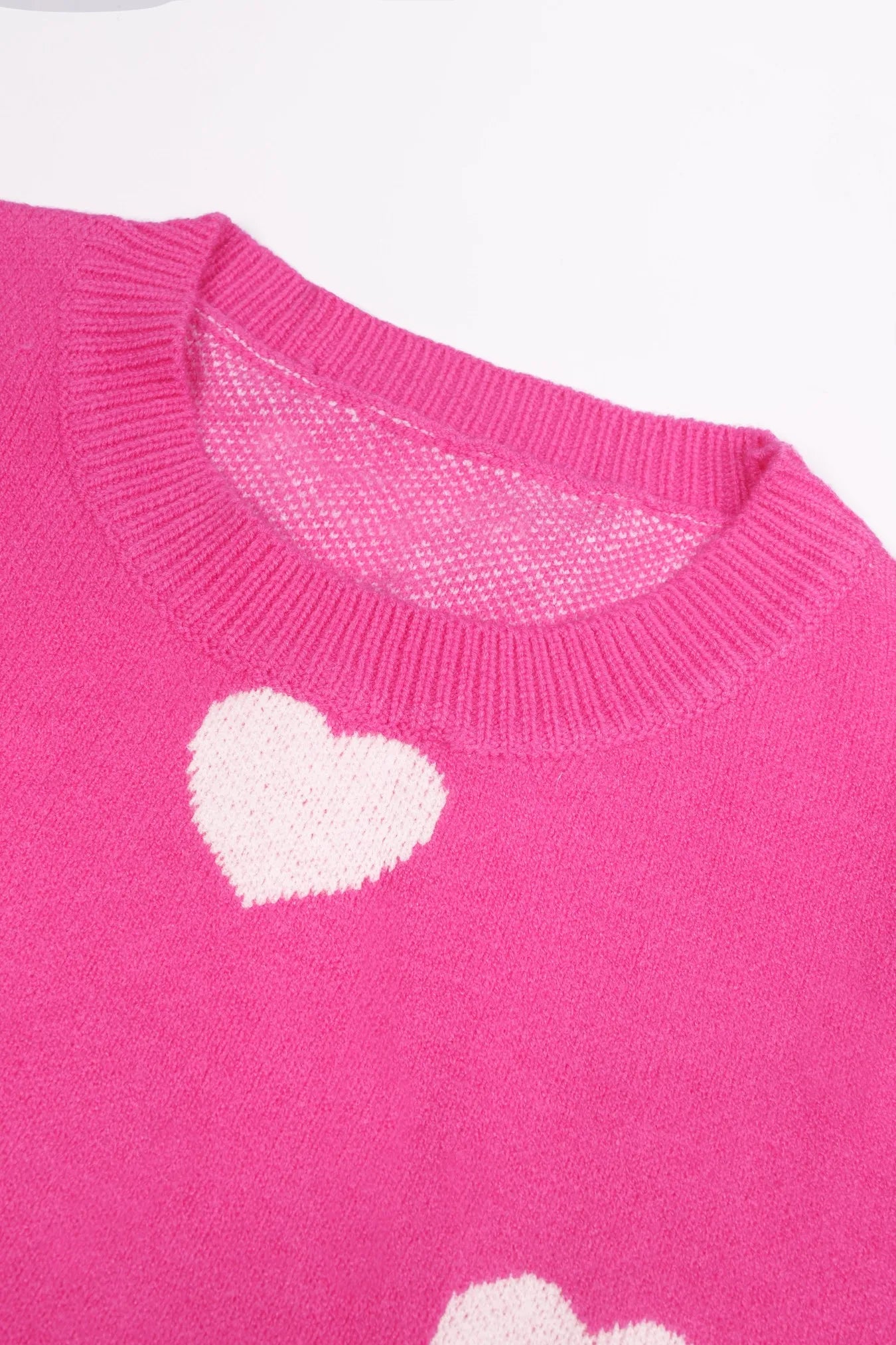 Women's Hot Pink Oversized Knit Sweater Heart Pattern Crew Neck Long Sleeve Casual Pullover Fuzzy Heart Pattern Sweater