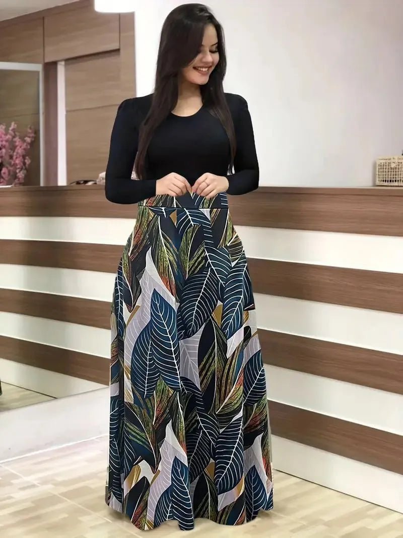 New flower print color blocked long sleeved dress for 2025