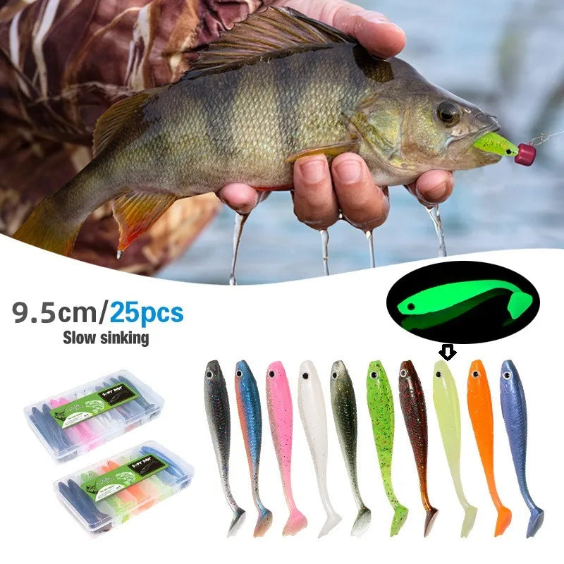 Fishing Lures Set 25Pcs 95mm Soft Fish fake Swimbait for Trolling Wobbler Silicone Bait Kit Sea Fishing Predator Lure with Box