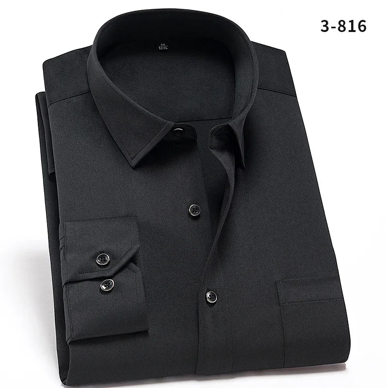 Men's Strech Solid Dress Shirt Anti-Wrinkle Long Sleeve Plain Casual Shirts Male Regular Fit Non-iron Easy Care Work Clothes Man