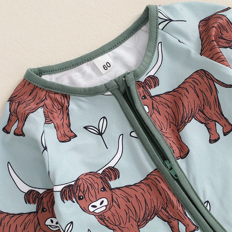 Infant Toddler Cow Print Round Neck Long Sleeve Zip-Up Western Romper Jumpsuit for Autumn - Unisex Baby Full Length Outfit