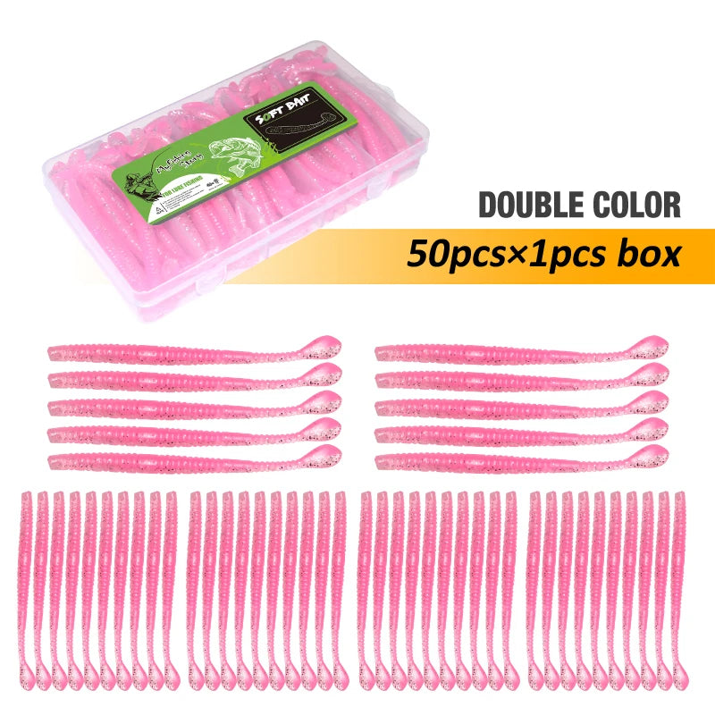 Fishing Lures 50pcs Floating Slug Lure Sinking Earthworm Soft Artificial Silicone Bait Kit Sea Wobbler Worm False Bait With Box