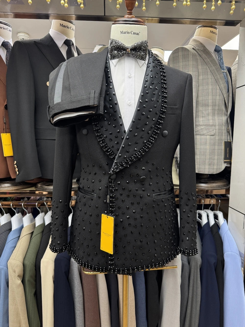 Black Beaded Tuxedo For Man, Decent 2-pieces Suit Set, Shawl Lapel, Dainty Blazer With Matching Pants, Fast Shipping Groom Wear