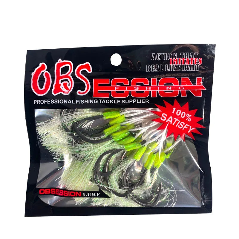 OBSESSION 1/0 2/0 3/0 4/0 Luminous Feather Smooth Hook Slow Jigging High Carbon Steel Sea-bream Fishing Hooks Kit Accessories