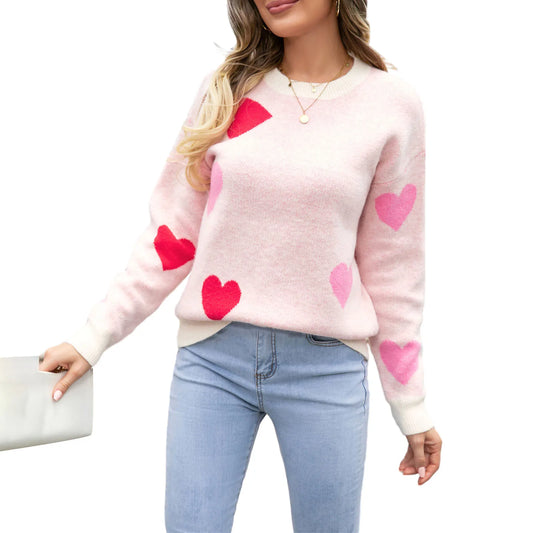 Women s Heart Print Sweaters Long Sleeve Round Neck Loose Pullovers Valentine’s Day Knit Tops