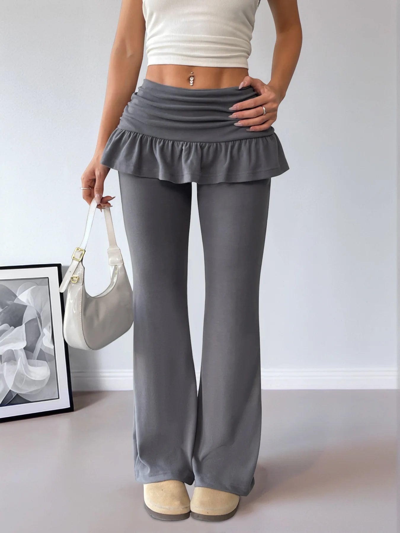 Women Elegant Flared Pants With Ruffled Skirt Fashio Overlay Deep Gray Wide Leg High Waist Pants Casual Fall Y2K Clothes Outfits