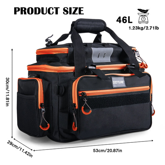 Goture 46L Outdoor Fishing Gear Bag, 600D Oxford Fabric Waterproof Large Capacity Multifunctional Pocket Fishing Tackle Pack
