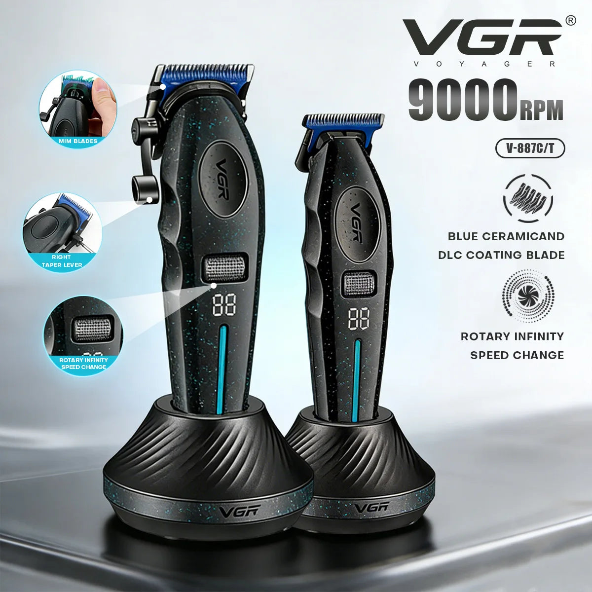 VGR Hair Trimmer 9000 RPM Hair Cutting Machine Electric Barber Clippers Professional Trimmer Charging Base Trimmer for Men V-887