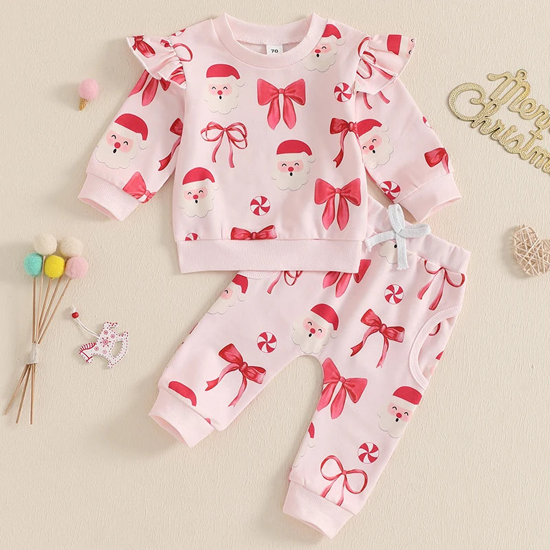 Toddler Girl Christmas Dress Red Plaid Ruffle Sleeve Santa Claus Printed Baby Girls Outfits with Leggings and Headband