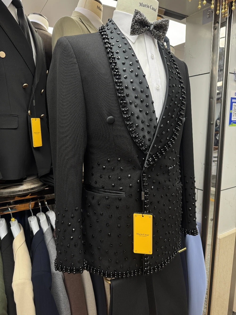 Black Beaded Tuxedo For Man, Decent 2-pieces Suit Set, Shawl Lapel, Dainty Blazer With Matching Pants, Fast Shipping Groom Wear