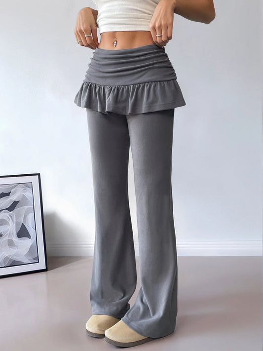 Women Elegant Flared Pants With Ruffled Skirt Fashio Overlay Deep Gray Wide Leg High Waist Pants Casual Fall Y2K Clothes Outfits