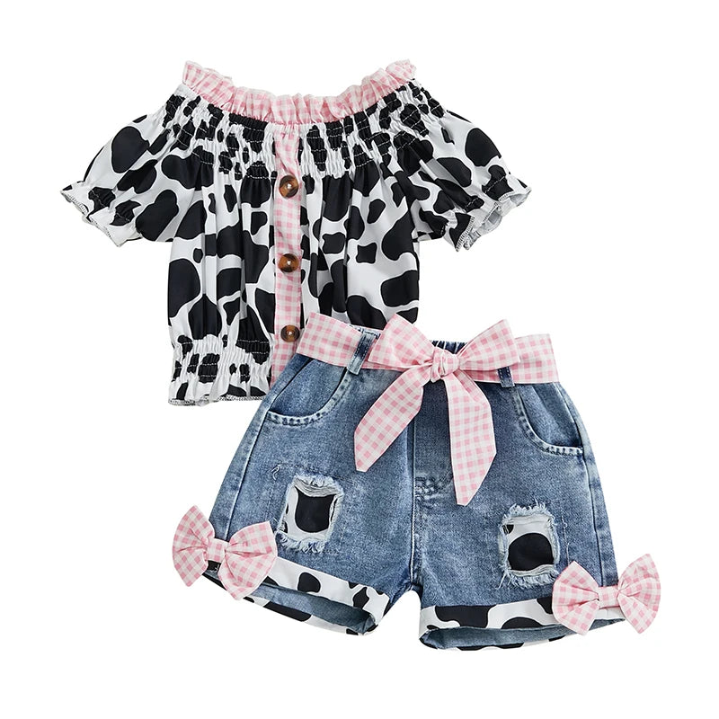 Girls Summer Outfit Leopard Print Sleeveless Top and Distressed Denim Shorts with Frayed Hem and Belt Set