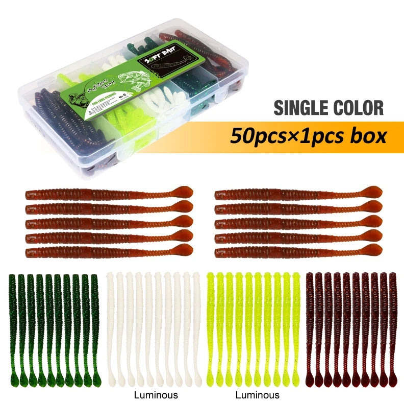 Fishing Lures 50pcs Floating Slug Lure Sinking Earthworm Soft Artificial Silicone Bait Kit Sea Wobbler Worm False Bait With Box