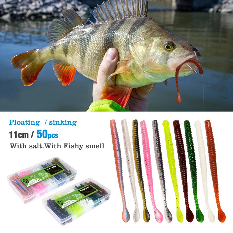 Fishing Lures 50pcs Floating Slug Lure Sinking Earthworm Soft Artificial Silicone Bait Kit Sea Wobbler Worm False Bait With Box