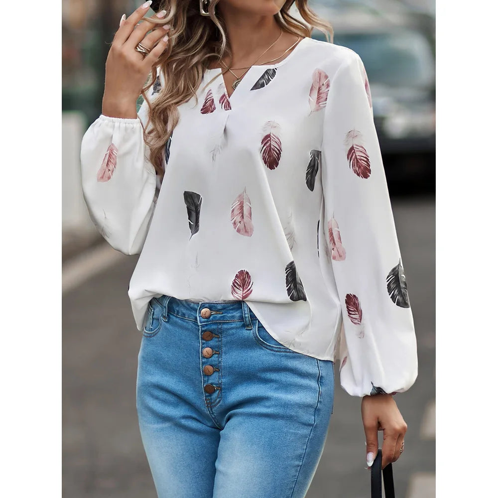 2024 New Spring Summer Women Casual T Shirt Fashion Feather Printed Long Sleeve V Neck Loose Blouses Tops Female Pullover TShirt