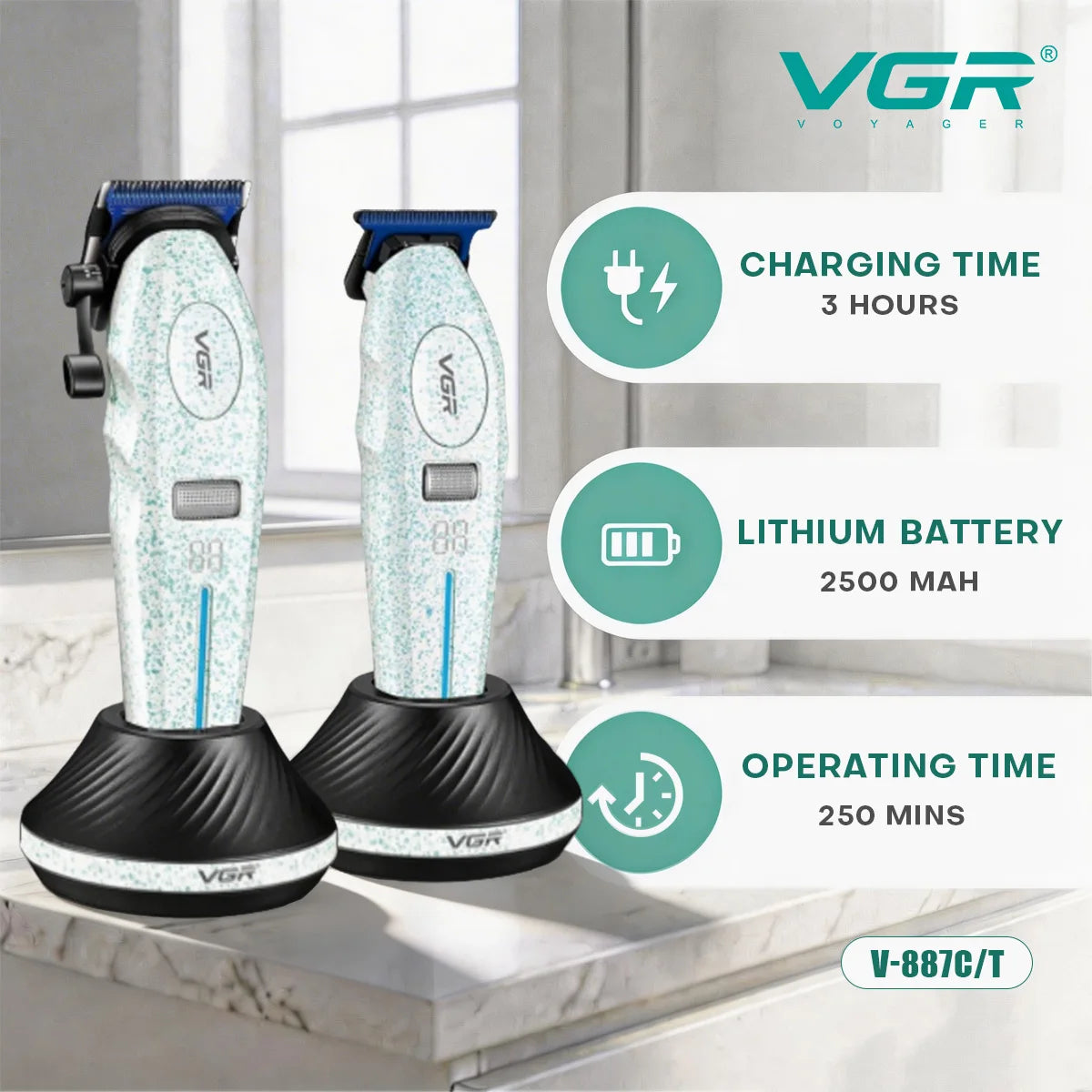 VGR Hair Trimmer 9000 RPM Hair Cutting Machine Electric Barber Clippers Professional Trimmer Charging Base Trimmer for Men V-887