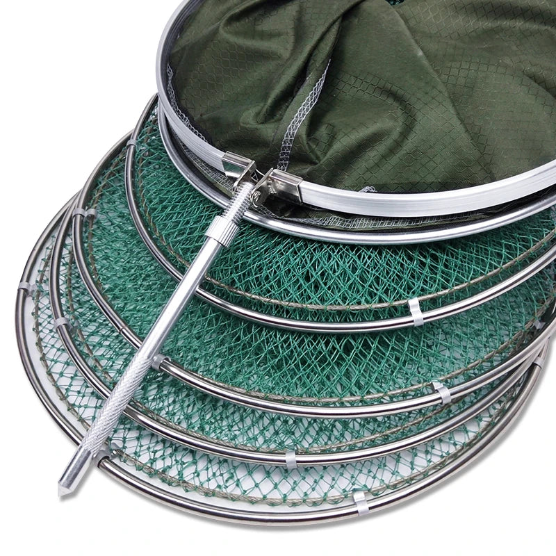 Hand-woven Fish Basket Nylon Line Stainless Steel Rings Fishing Net Bag Foldable Anti-hanging And Quick-drying Fish Cages