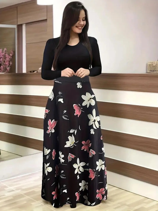 New flower print color blocked long sleeved dress for 2025