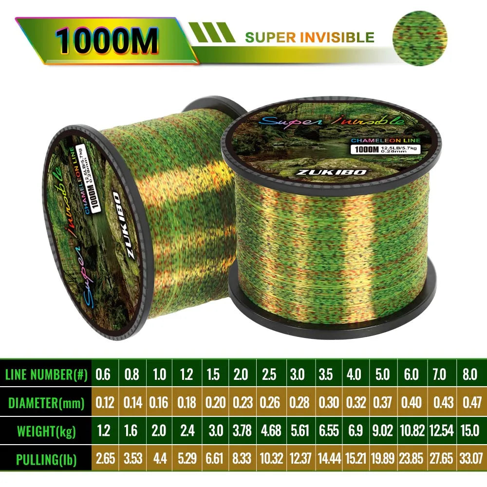 ZUKIBO 3D Speckle Line Yellow Five Colors 500M 1000M Fishing Line Super Strong Fluorocarbon Coated Monofilament Sink Nylon Line