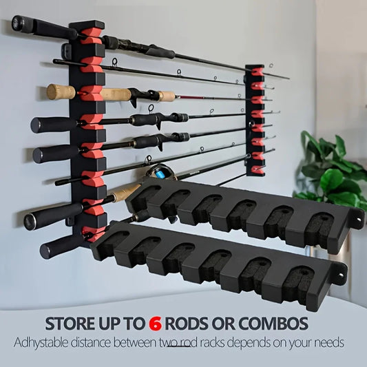 2pcs 2-Pack Horizontal Wall-Mounted Fishing Rod Rack, Holds 6 Rods, Space-Saving Storage for Fishing Poles