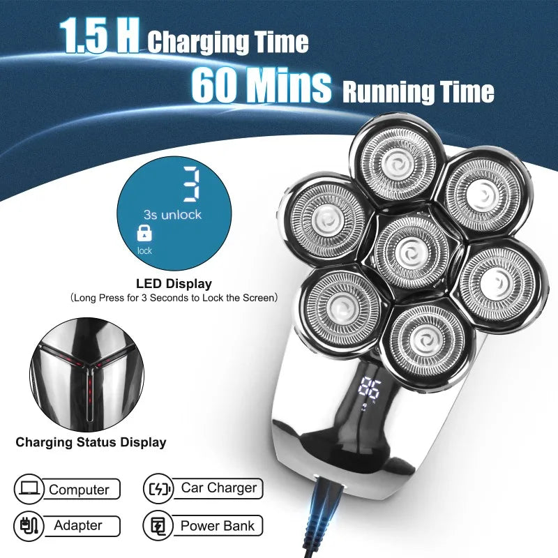 5 in1 Head Shavers for Men 7D, Cordless Bald Head Shaver Wet&Dry Waterproof Electric Razor for Men with LED Display Grooming Kit