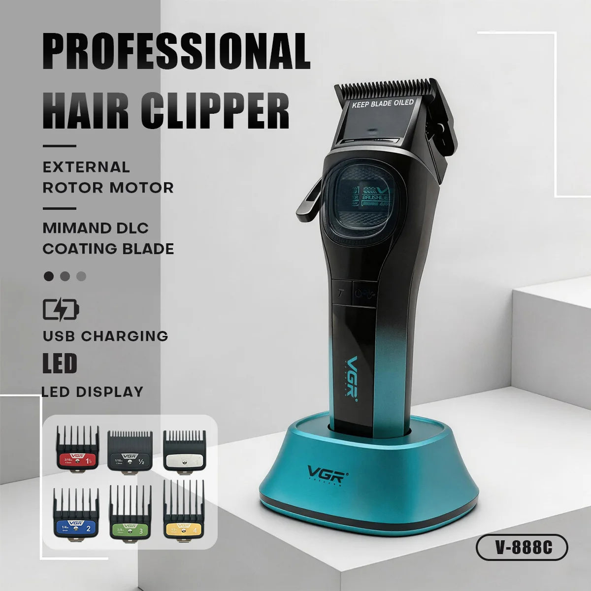 VGR Hair Trimmer External Rotor Motor Hair Clippers Brushless Motor Clipper Adjustable Barber Clippers Trimmer for Men V-888C
