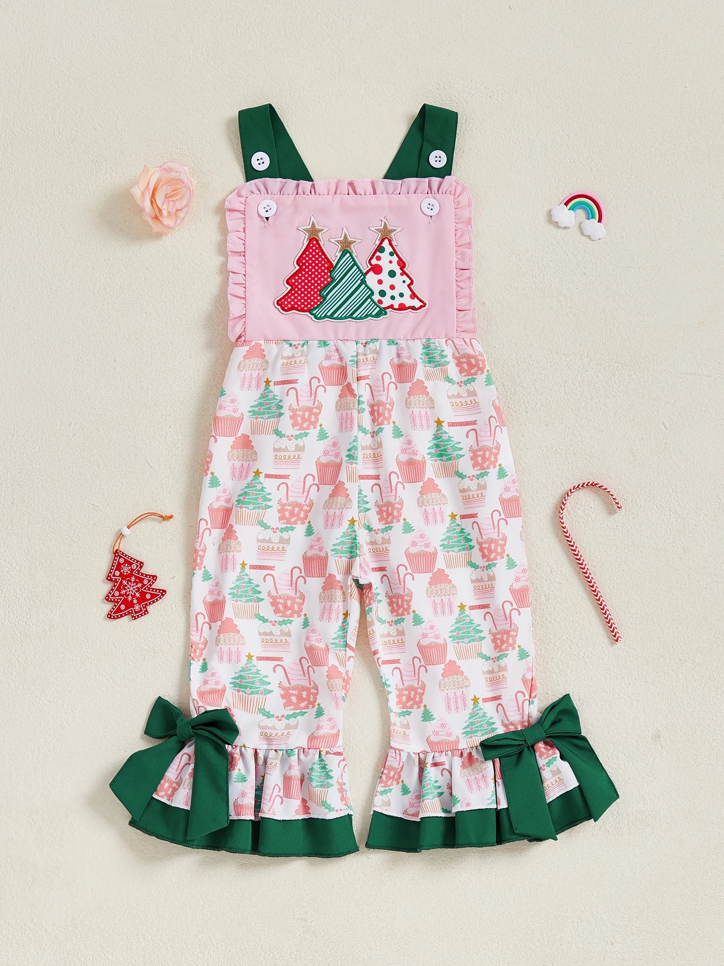 Toddler Girls Winter Snowflake Print Sleeveless Jumpsuit Overalls Christmas Tree Embroidery Suspender Pants for Kids Baby Girl