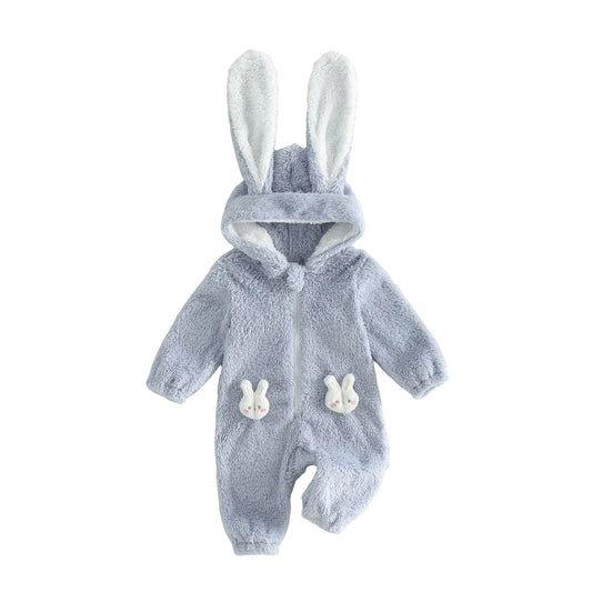 Adorable Baby Bunny Hooded Romper with Long Sleeves and Zipper Closure for Easter Spring Outfit for Girls and Boys