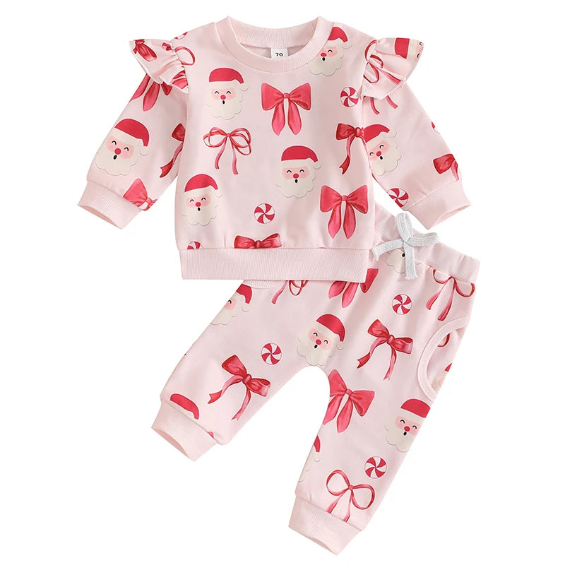 Toddler Girl Christmas Dress Red Plaid Ruffle Sleeve Santa Claus Printed Baby Girls Outfits with Leggings and Headband