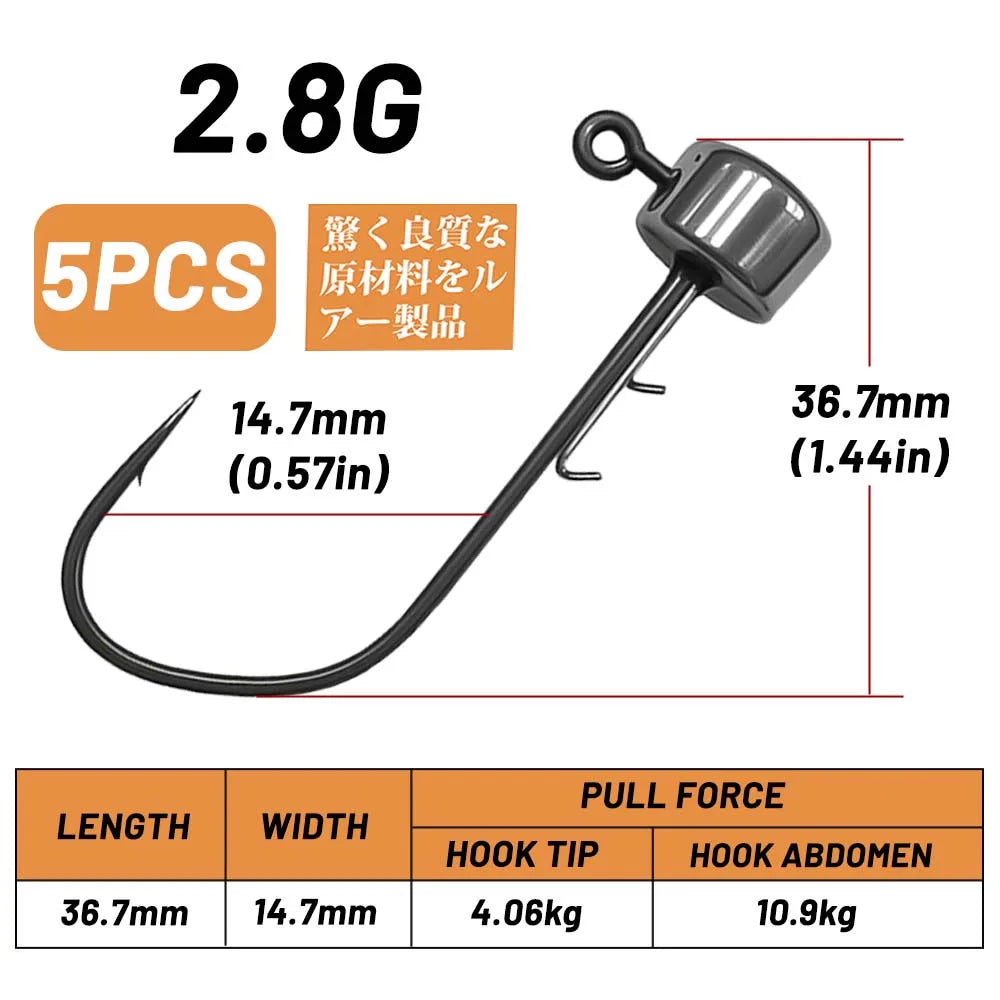 ZUKIBO 5PCS Tungsten Steel Welding Ned Jig Hook Kits High Quality Jig Heads for Soft Worm T Tail Fishing Lure,Fishing Hooks