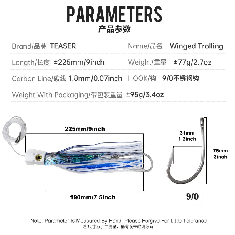 OBSESSION TR012 225mm 77g Seawater Big Game Winged Trolling Fishing Lure Deepsea Boat Fishing Tuna Bait Soft Skirt Octopus Lures