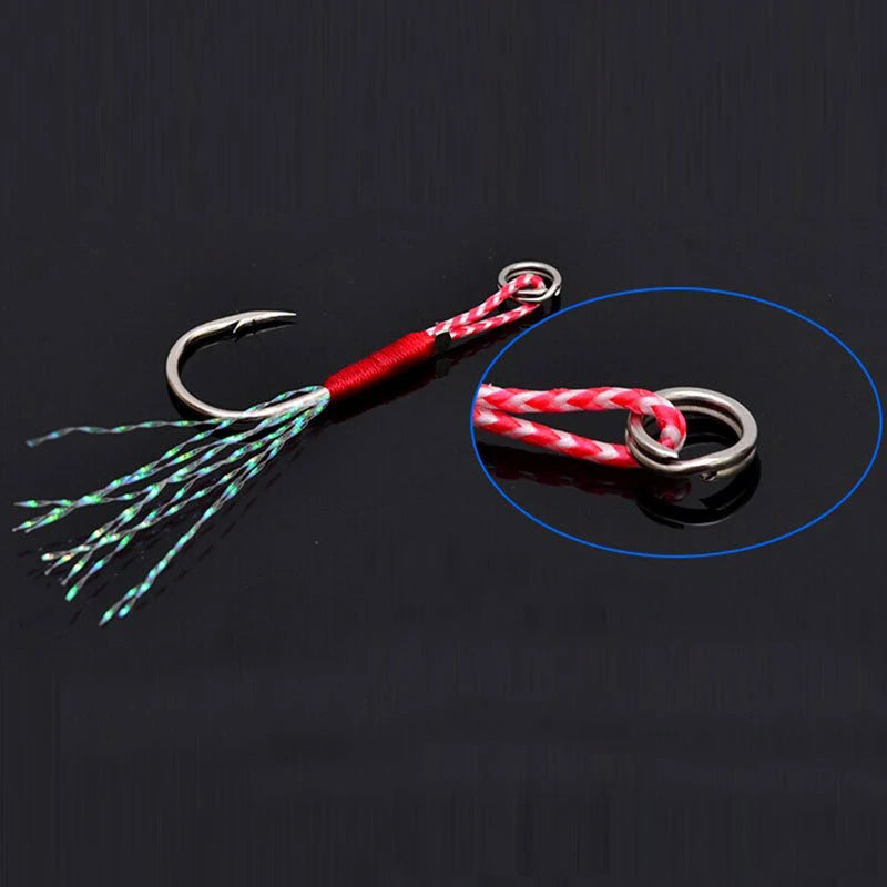 10PCS/Lot Carbon Steel Cast Jig Assist Fishing Hooks Thread Feather Lure Fishing Tackle Slow Jigging Head Hook Lure Accessories