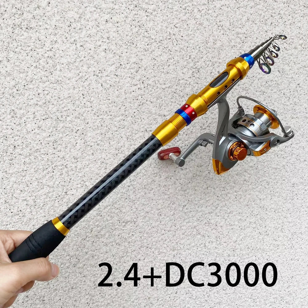 Fishing Rod and Reel Set 1.8-3.6m Carbon Telescopic Fishing Rod Pole with Metal Spool Spinning Reel Saltwater Freshwater Kits
