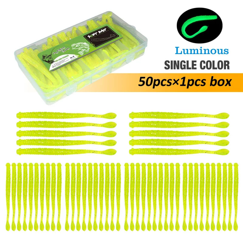 Fishing Lures 50pcs Floating Slug Lure Sinking Earthworm Soft Artificial Silicone Bait Kit Sea Wobbler Worm False Bait With Box
